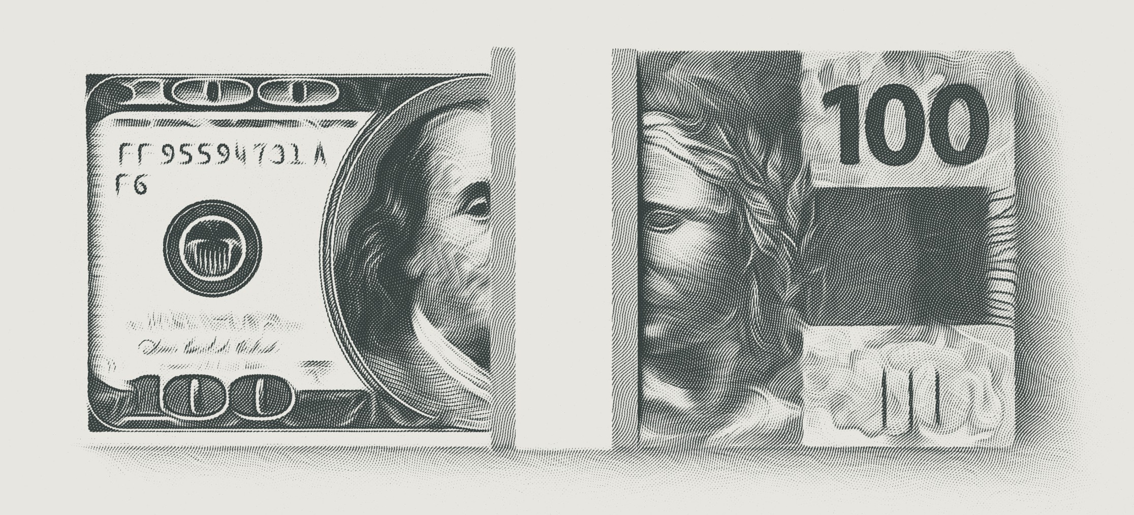Imagem mostra notas de dólar e real